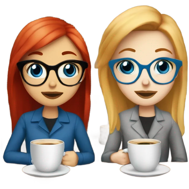 Two white skin girl friends one blonde in glasses blue eyes and one red headed with no glasses sitting in the coffee house drinking coffee emoji