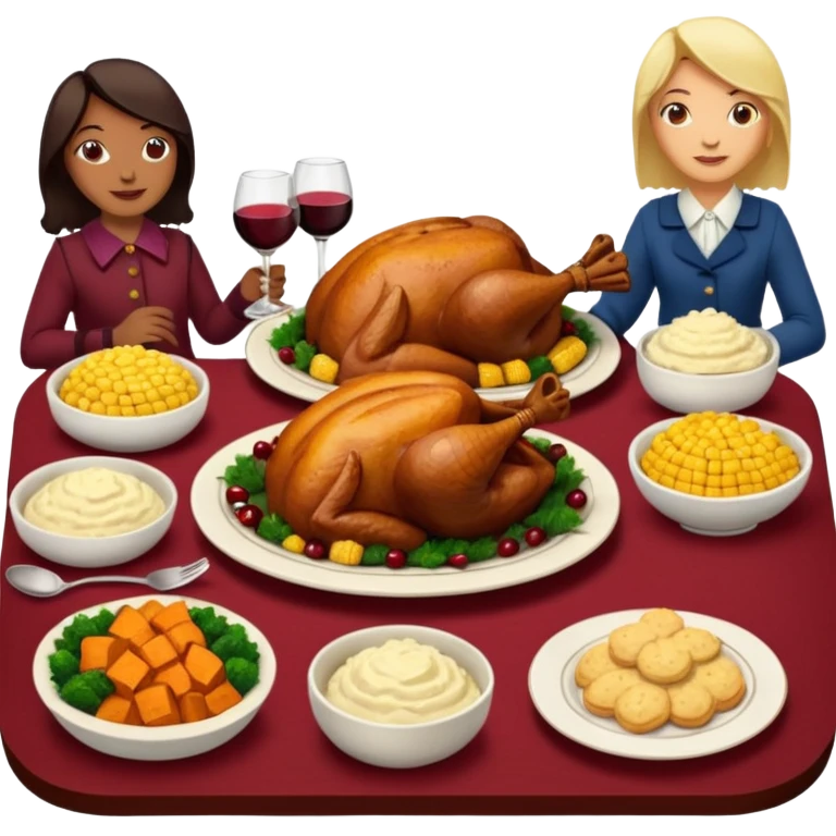 Thanksgiving Dinner with 6 friends of all different races around the table; have the food be a cooked turkey, mashed potatoes, corn, a basket of biscuits, a small bowl of cranberry sauce, baked yams, steamed vegetables, and a bottle of wine. emoji