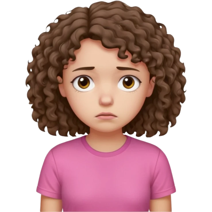 Young girl with unkempt curly hair and a pink T-shirt, looking sad and discouraged emoji