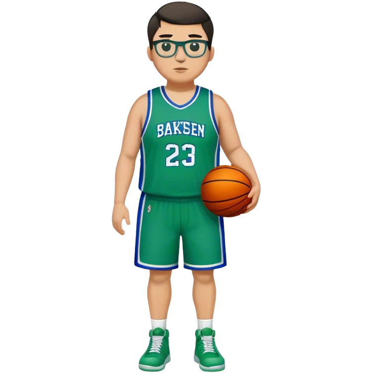 Full Body plus size white male with dark short hair basketball player wearing glasses wearing blue green uniform emoji
