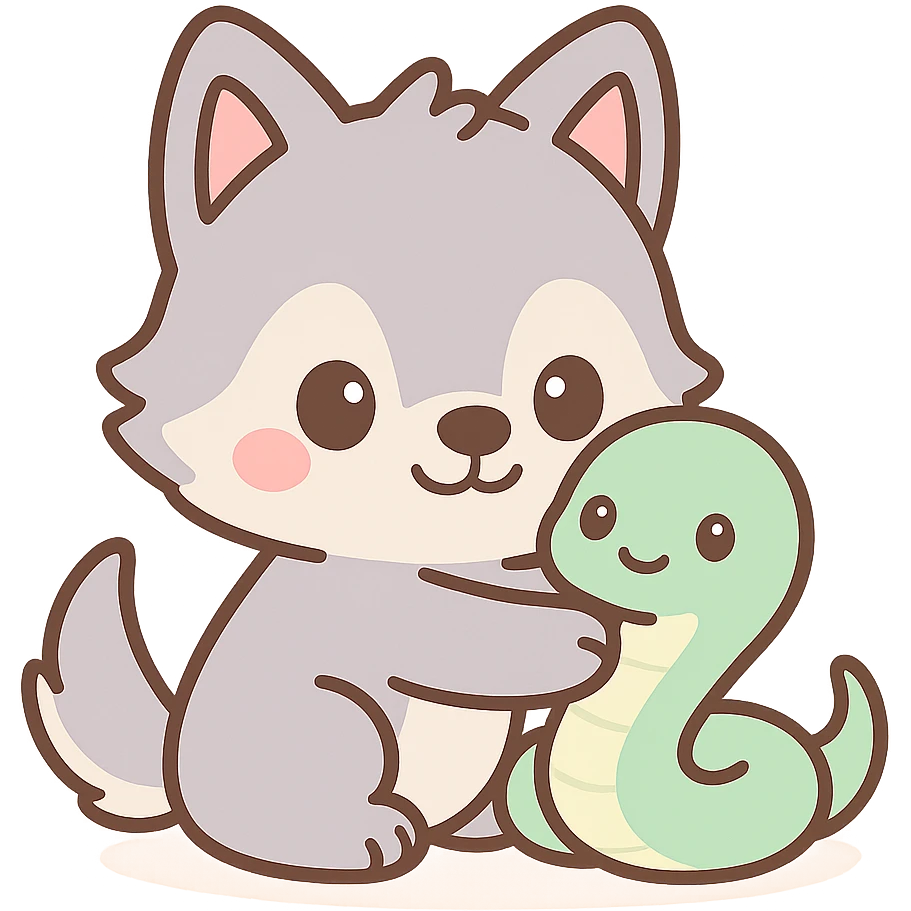 kawaii wolf hugging a kawaii snake, cute, pastel colors, big eyes, soft outlines emoji