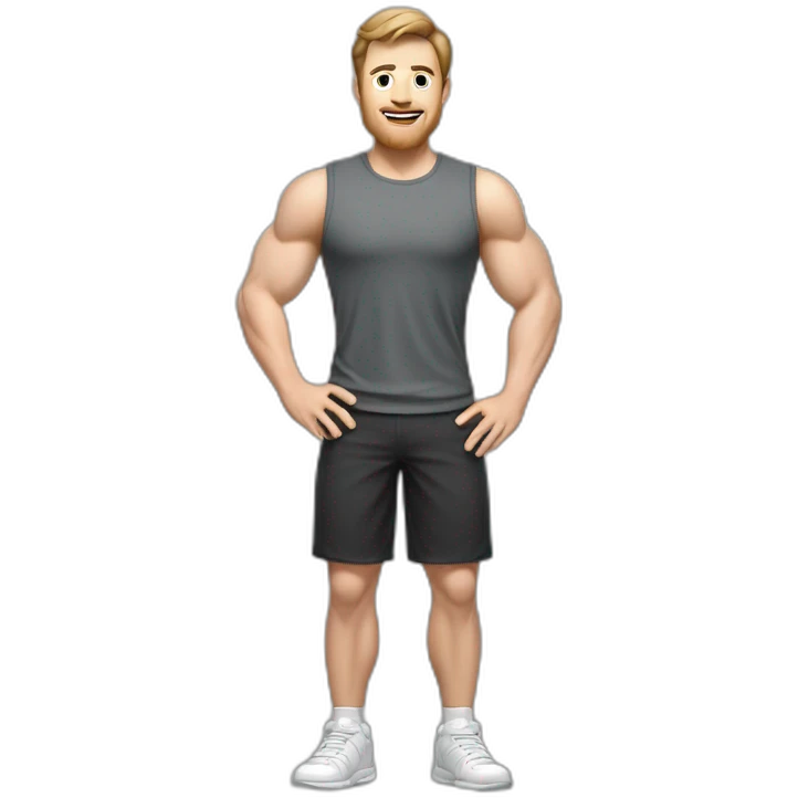 Full height realistic Actively gesturing with hands Pale skinned Fit Man With the biceps and brown hair in dark gray Sleeveless Mike, black oversize sports shorts, watch and white Sneakers emoji
