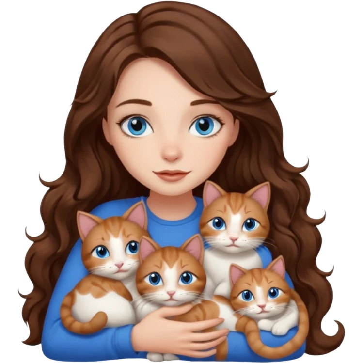 girl with long wavy brown hair, blue eyes, long lashes makeup, cuddling with 6 cats emoji