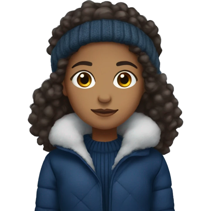 winter, christmas, hispanic, afro hair,  girl, brown eyes, child, full body, dark blue winter sweater, coat, headband emoji