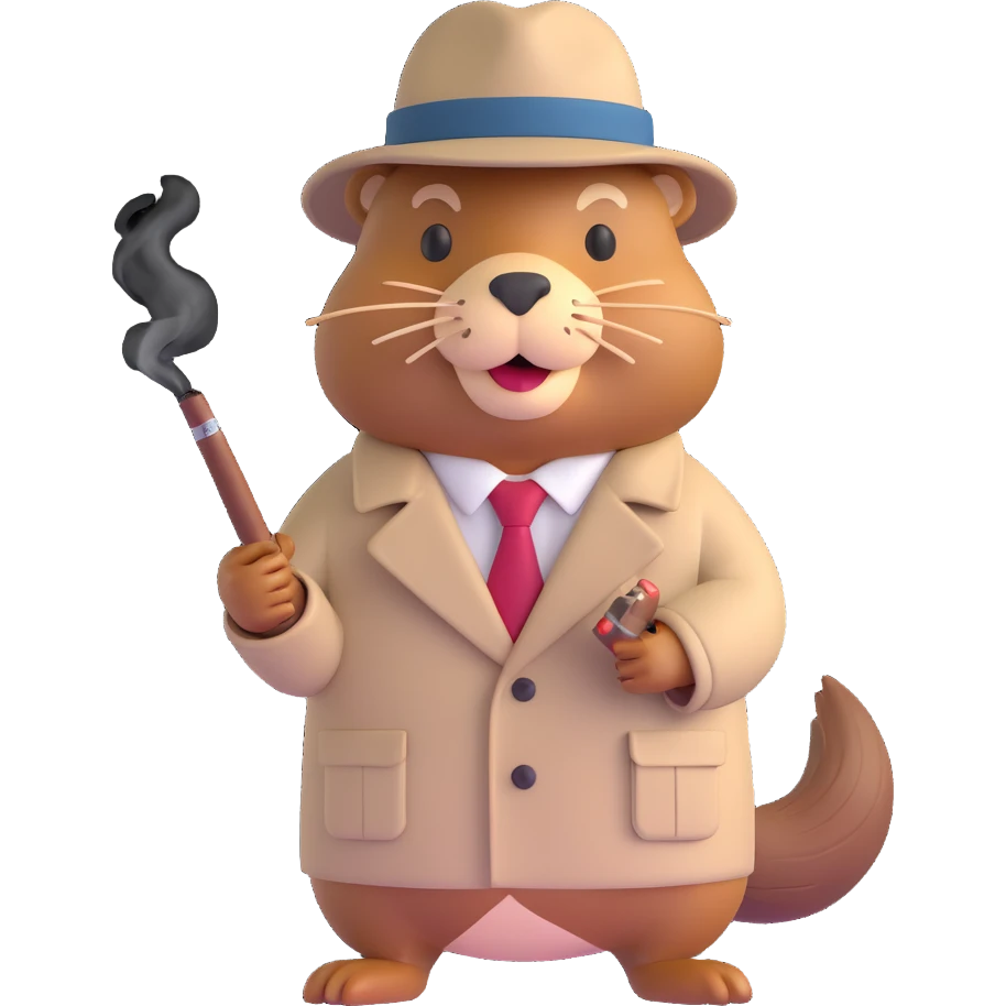 beaver gangster smoking a cigar, wearing a trench coat, tie, and hat, 3D emoji style emoji