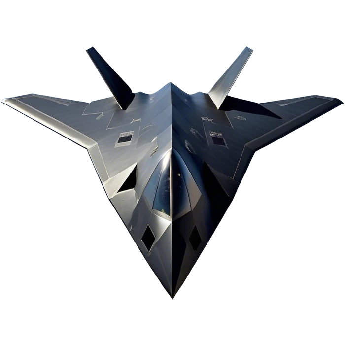F-117 Nighthawk - Lockheed Martin (Stealth Grey) A futuristic stealth attack aircraft with a distinct faceted, angular design in a stealthy matte grey. Its sharp, jagged edges and unconventional, almost alien-like shape make it look like a shadow cutting through the night sky. The surface should appear non-reflective with subtle panel lines. emoji