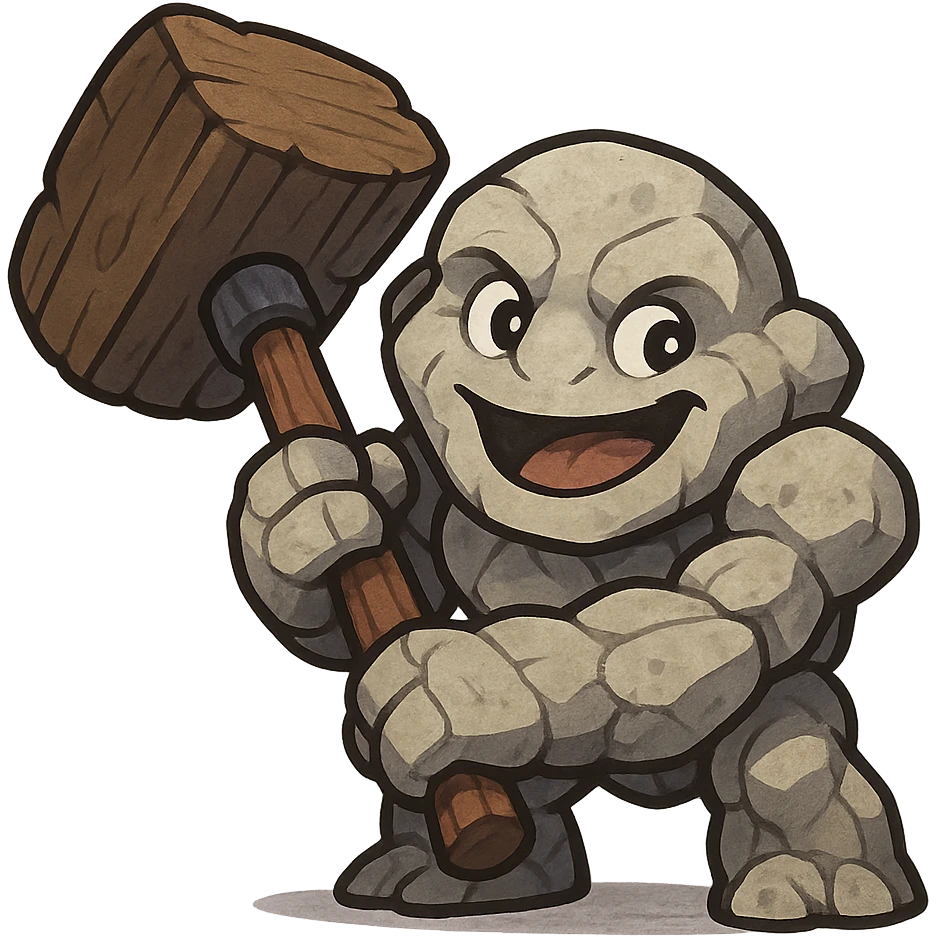 Tiny from Dota 2 in a cute chibi-style cartoon redesign, holding an oversized hammer, playful expression emoji