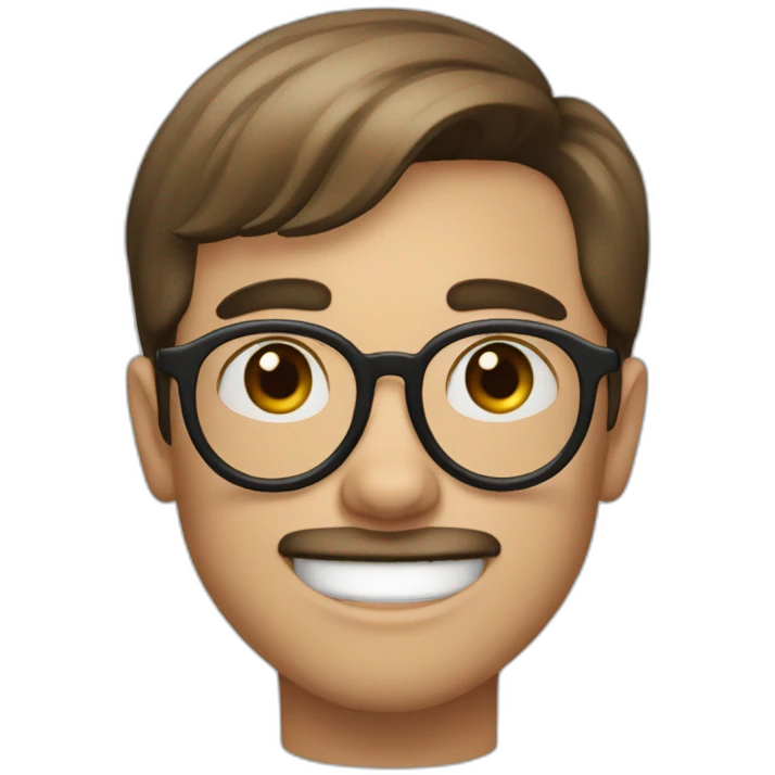 boy with big eyebrows, round glasses, bangs,big teeth, pale skin, brown hair, mustache emoji
