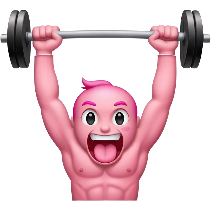 a simple tongue character, flexing and lifting a weight bar above its head emoji