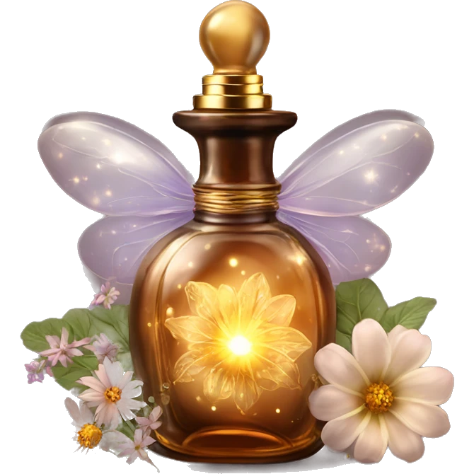 Brown magic fairy light sparkling old Antique oil perfume bottle with herbal and flowers emoji
