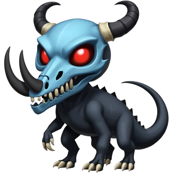 Shiny Dark Edgy  Duskull-Salandit-Inteleon-Amaura-Fakémon-hybrid-creature (full body) with a horned animal-skull-mask emoji