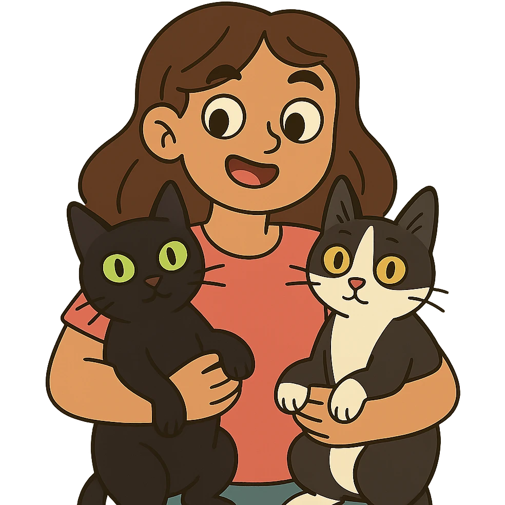 brown haired girl with light tan skin and brown eyes holding a black Bombay cat with green eyes and a black and white Tuxedo cat with hazel eyes emoji