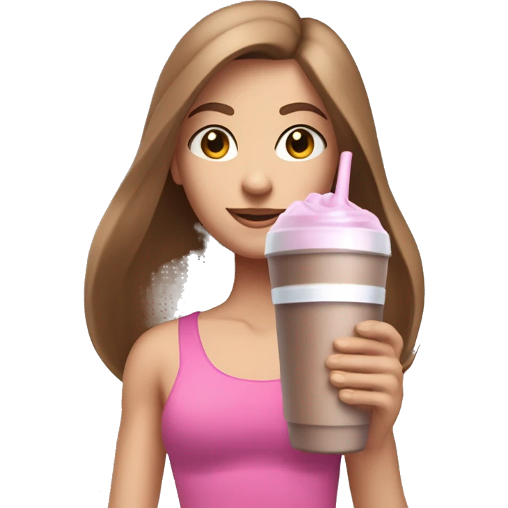 a girl with brown long straightened hair and blue eyes with pink leggings and pink sports top with a protein shake in her hand emoji