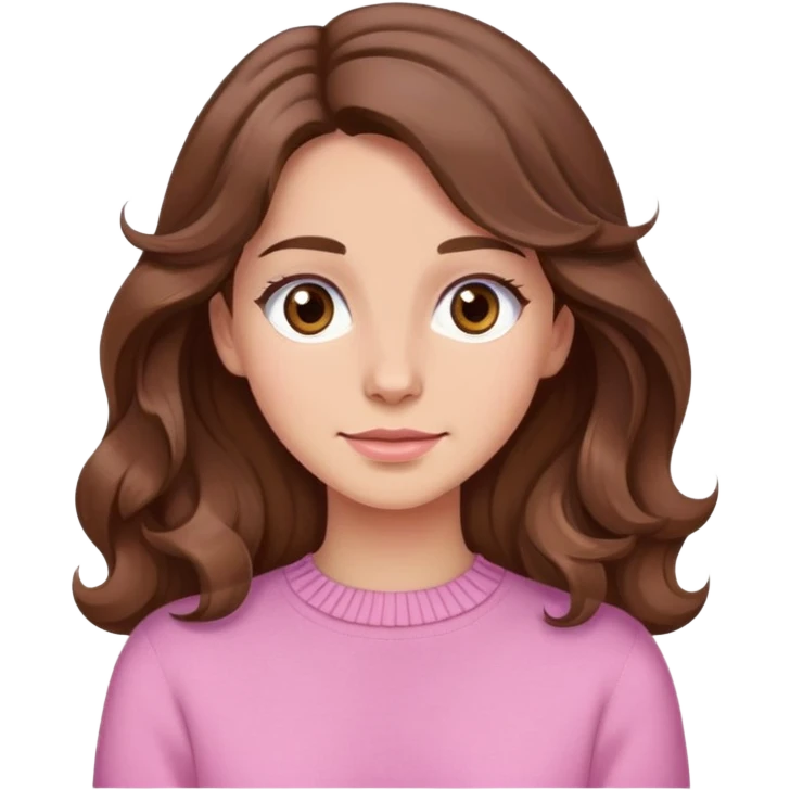 brown haired lady with brown eyes, wearing a pink jumper, long wavy brown hair emoji
