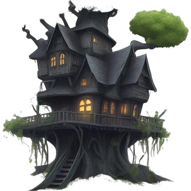Fantasy haunted Addams tree house in an overgrown cottage with a futuristic twist  emoji