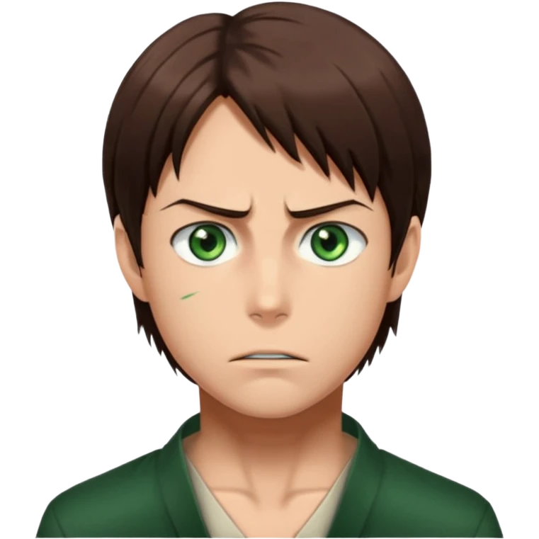 “Create an avatar that looks like Eren Yeager from Attack on Titan, Season 4 — sharp jawline, tied-back long brown hair, intense green eyes. Normal expression.  emoji