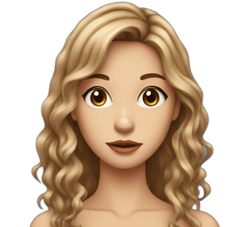 long wavy brown hair skinny girl with long side bangs, thin face and makeup from head to chest emoji