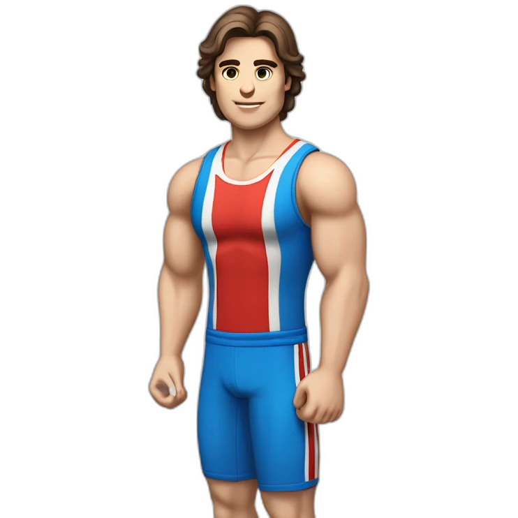 retro 70s blue and red gym clothes for a modern white brunette uni male student with glass emoji