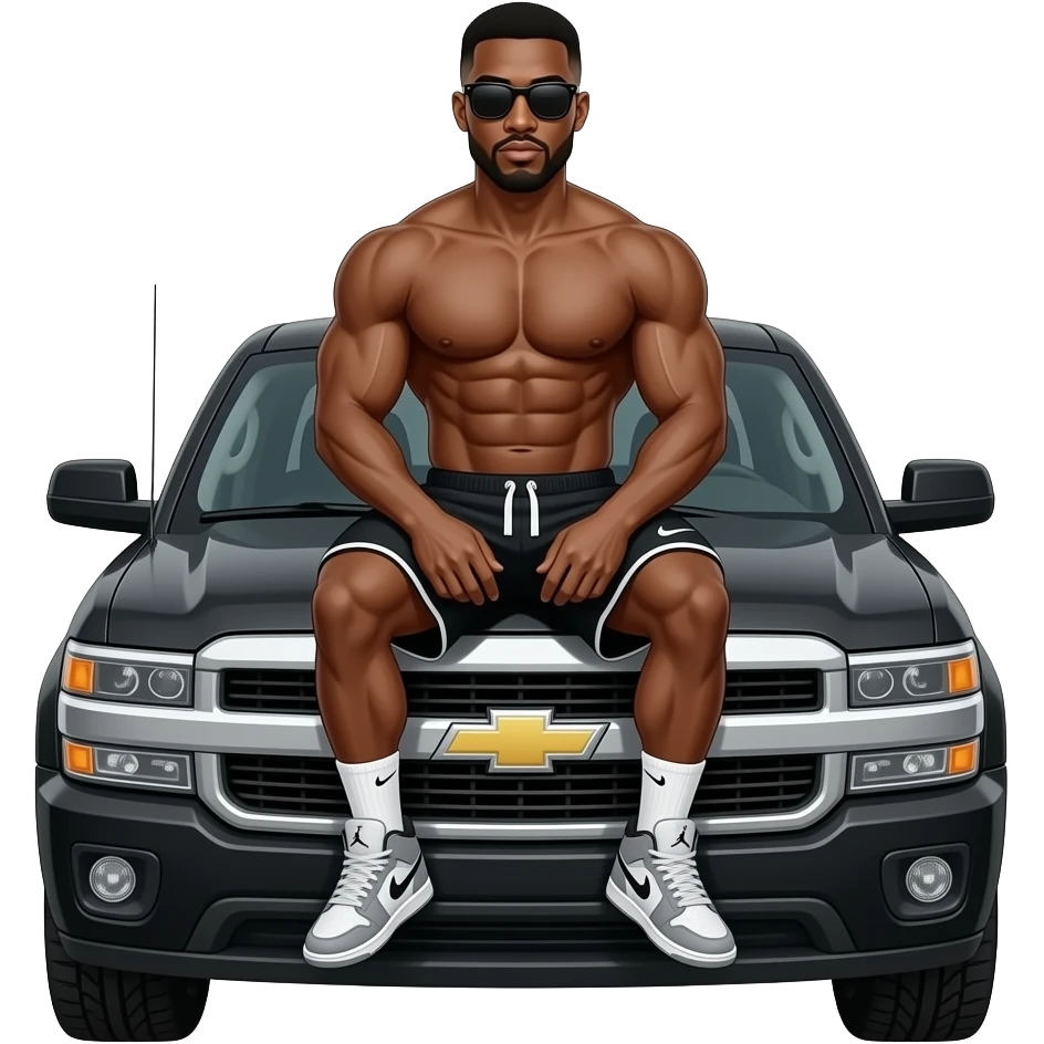 make a black skinned 20 year old man with a low taper fade sittting back on top ofof a black chevy truck with so many abs it’s hard to count and giant muscles with sunglasses i can’t see his eyes with nike black shorts and grey jordan 4’s with short nike socks don’t pull them all the way up emoji
