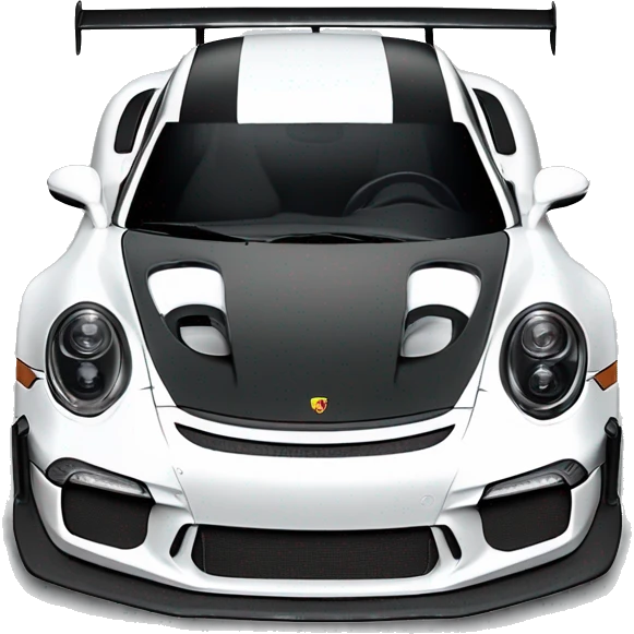 Create a realistic illustration of a white Porsche 911 GT3 RS, highlighting details like the rear wing, air intakes, headlights, and black accents. Position the car on a racetrack or urban backdrop to emphasize its dynamic design emoji