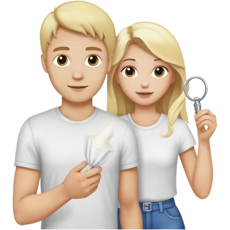 Blonde guy holding a plastic bag of white powder and blonde girl holding a key emoji