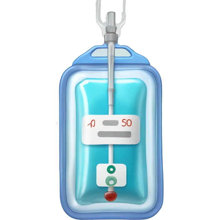 Rectangular transparent plastic iv bag filled with 500ml of fluid hanging on an iv pole in an intensive care unit  emoji