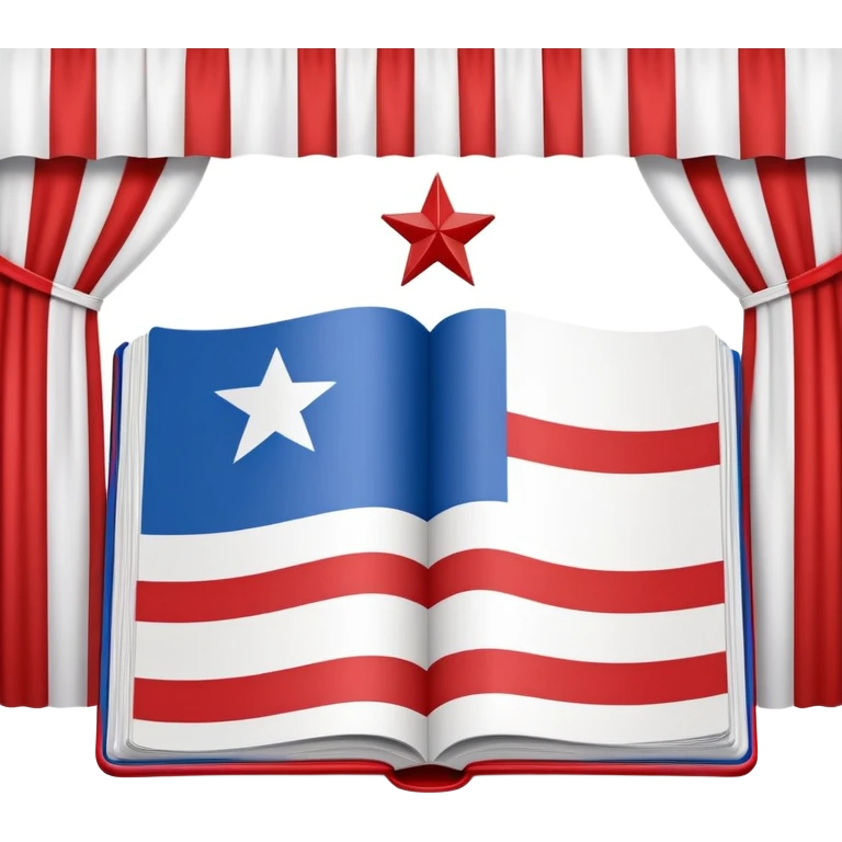 Book of theatrical set design with cover designed like the Puerto Rican flag, red and blue stripes with white star, theater curtains visible on pages emoji