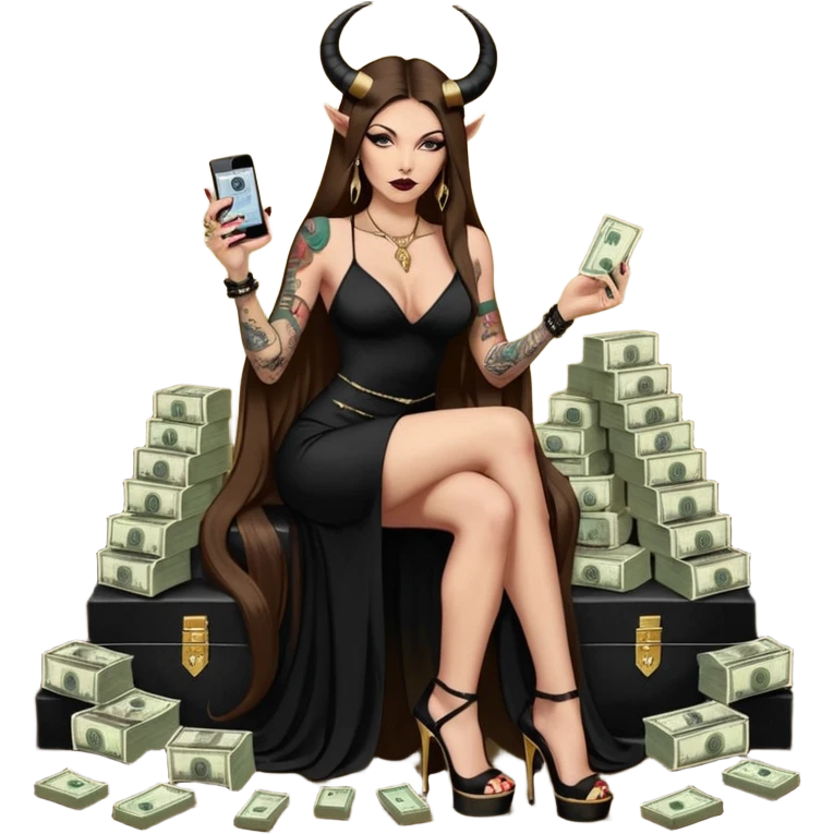Sensual seductress long brown straight haired sexy drug lord woman with tattoos on arm sleeves and black gold platform high heels on her feet,  and devil black horns on her head, holding a stack of cash, has a phone in other hand. Sitting on gold cases full of drugs, long black dress with sexy slit emoji