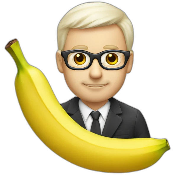 Uomo bianco pelato con occhiali e pizzetto lancia una banana emoji