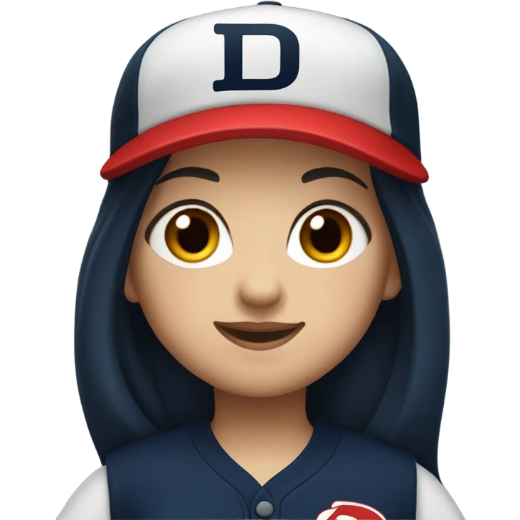 White girl with black long hair who wearing navy ballcap emblazoned with a red D initial and wearing baseball uniform emoji