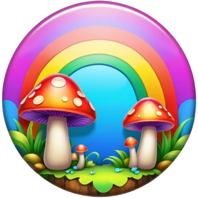 A round psychedelic colored button with bezeled edges and rainbow colored mushrooms emoji