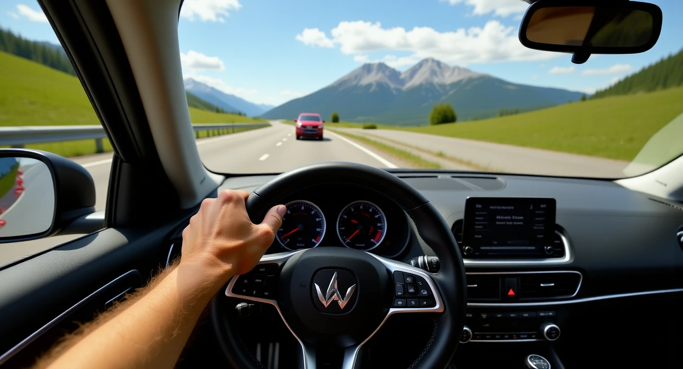 Realistic camshot pov of monkey drive a car (hands holding car wheel) switzerland road with car crash emoji