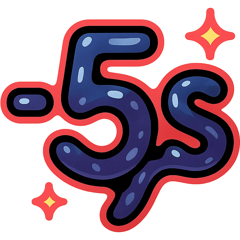 símbolo '-5s' con efecto de metal líquido cósmico oscuro, 's' en subíndice, borde de neón rojo oscuro, efecto animado de brillo y movimiento líquido emoji