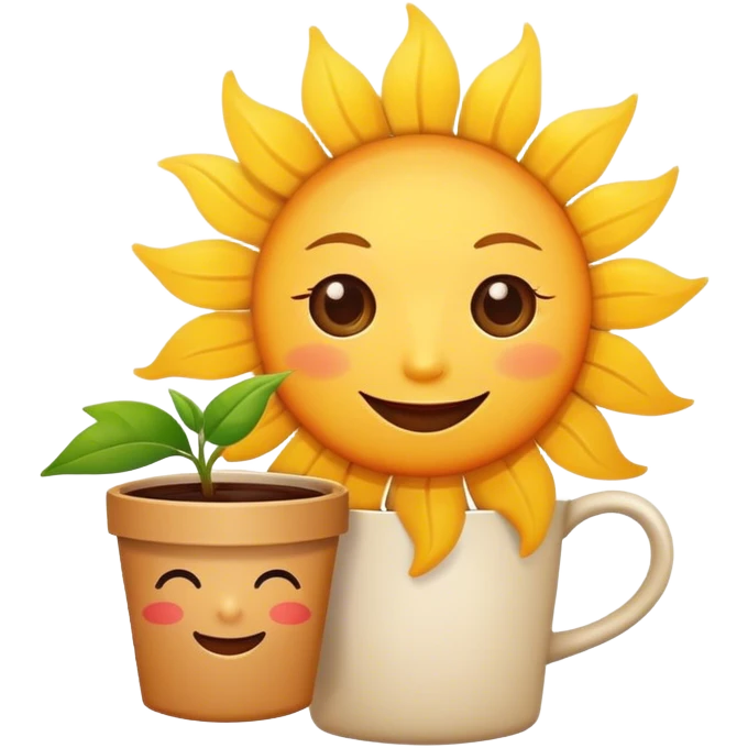 a cute happy sun with a coffee and plant  emoji