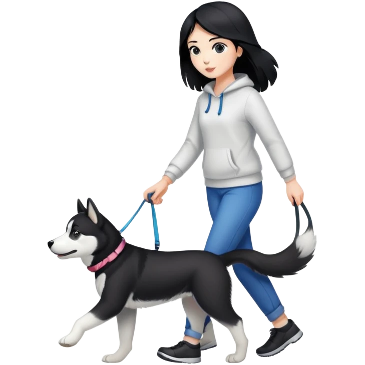A black-haired girl walks a black and white husky emoji