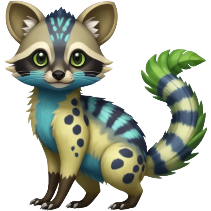 Rare realistic cool cute epic aesthetic colorful Amaura-Meganium-Civet-Genet-species-Fakemon-hybrid-creature, with markings, full body emoji