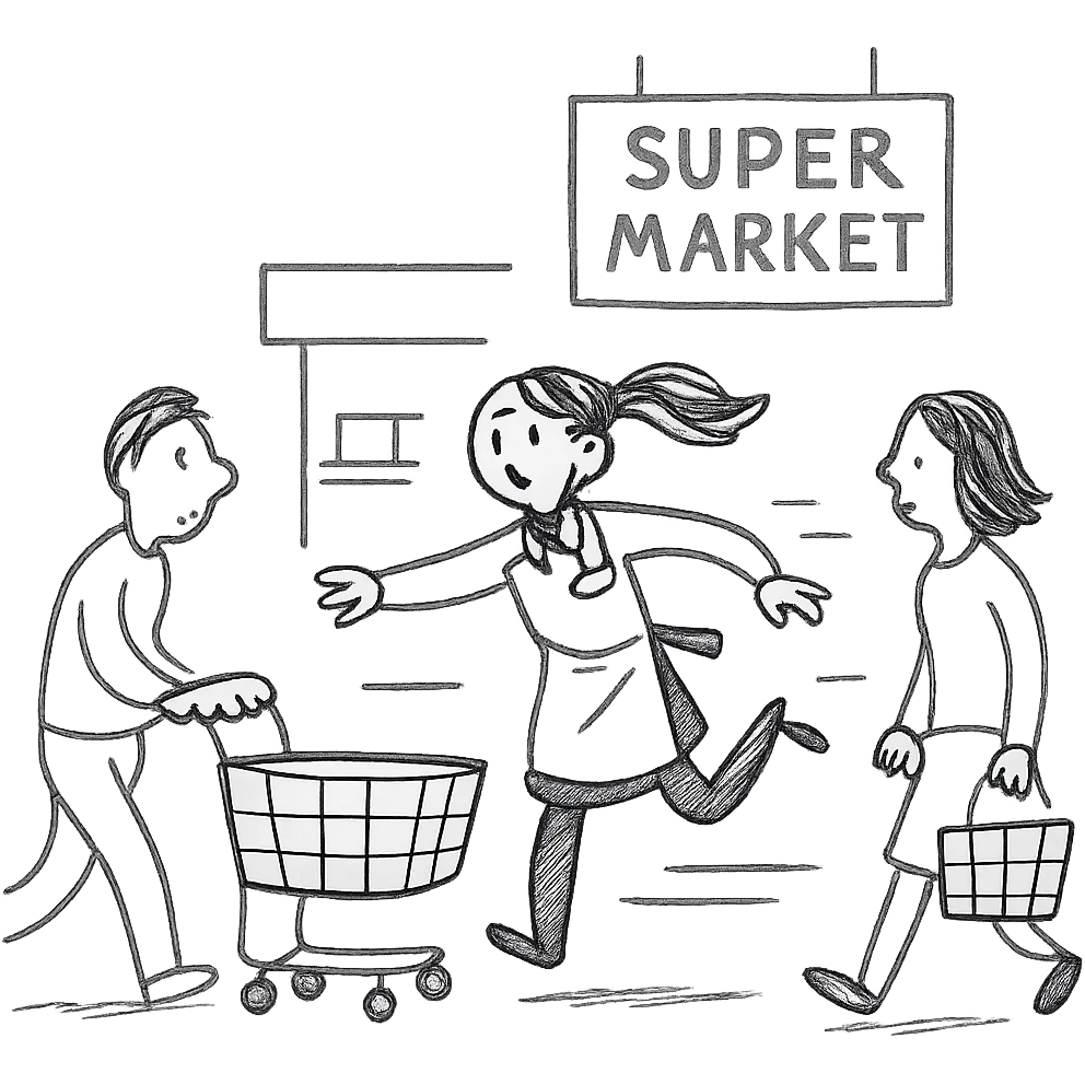 supermarket scene, shoppers in motion with the salesgirl being carried away emoji