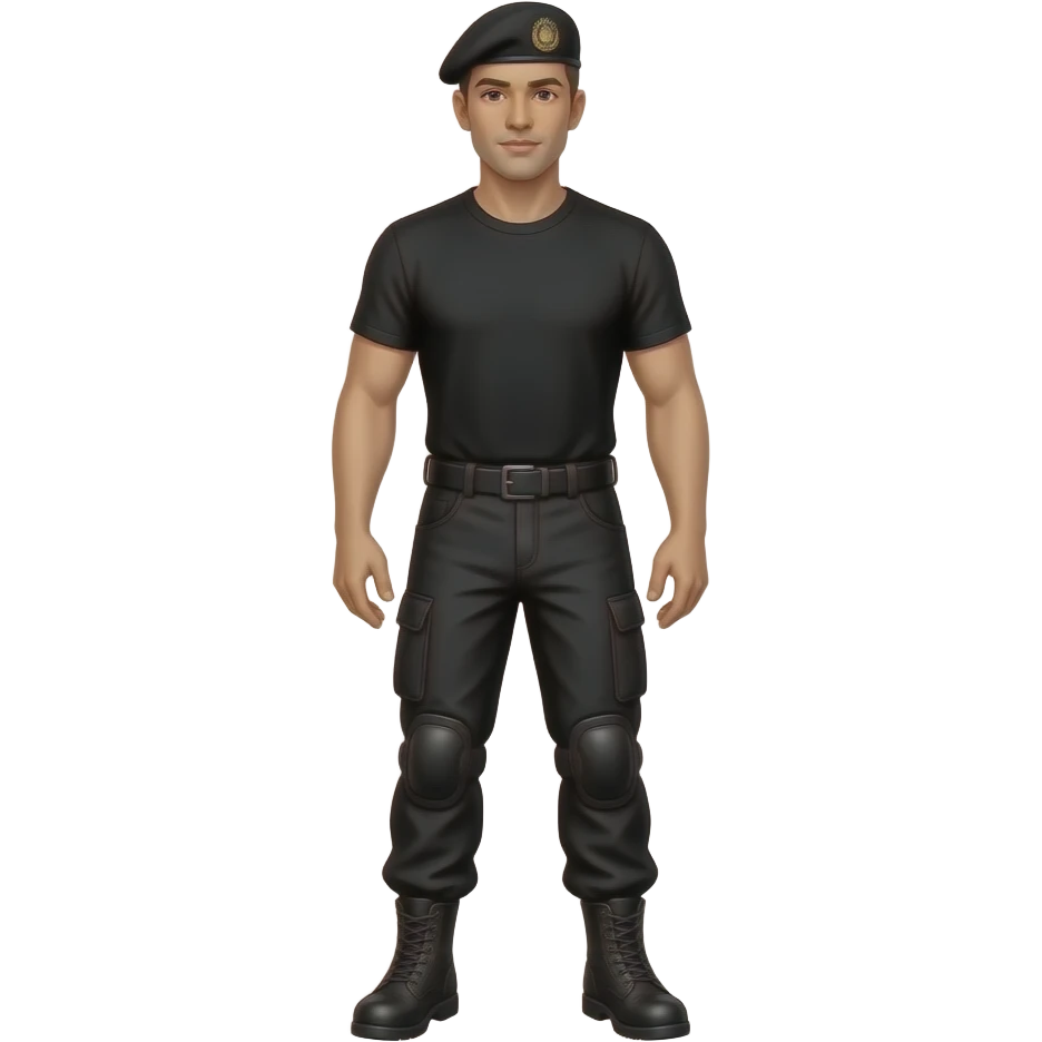 Full body guy wearing combat boots, black bdu pants, black beeter shirt and black baret emoji