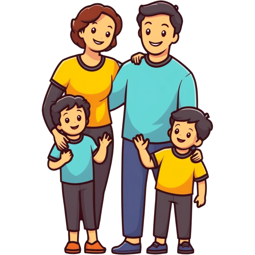 happy family: father, mother, two children, all smiling, bright colors emoji