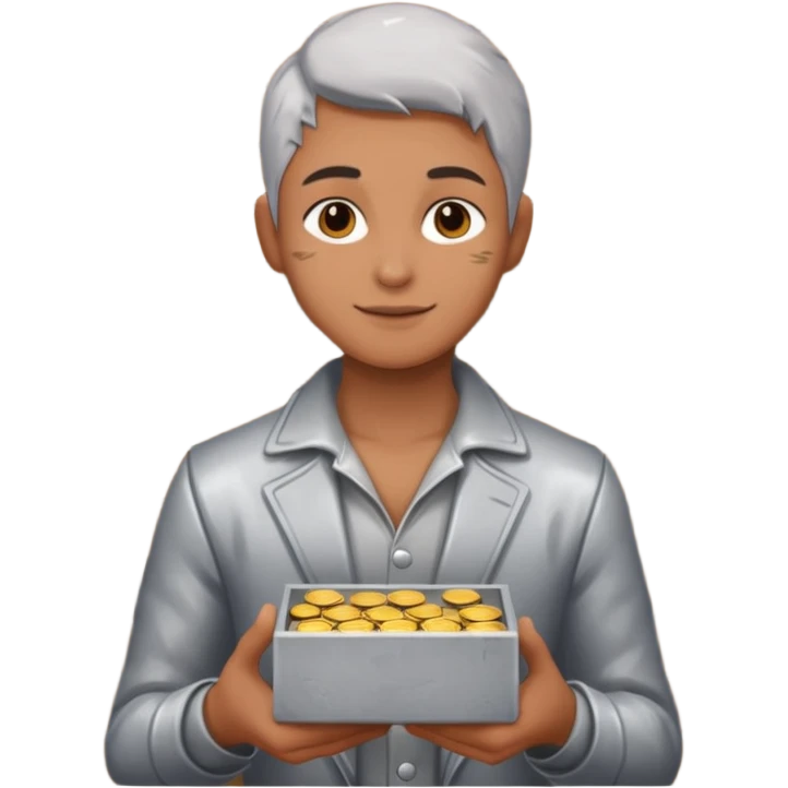 Living statue (silver paint),Street Performers,background street setup, with coins box emoji