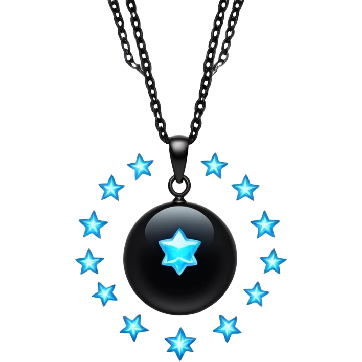floating polished black onyx pendant, glowing with radiant blue energy, surrounded by tiny stars emoji