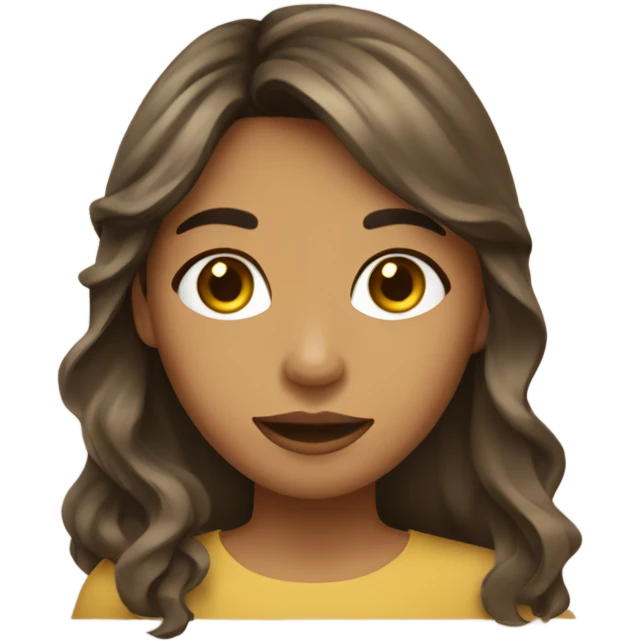 olive SKIN GIRL with long gold brown wavy hair and bangs holding paper emoji
