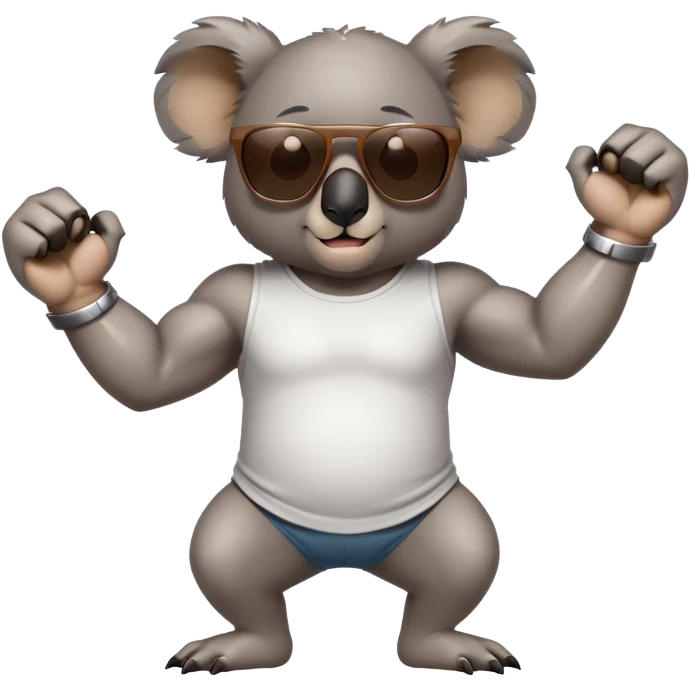 anthropomorphised koala, full body, casual clothing, dark sunglasses, flexing muscles emoji