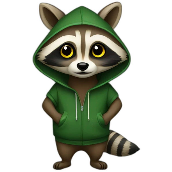 brown raccoon with yellow eyes and a dark green hood emoji