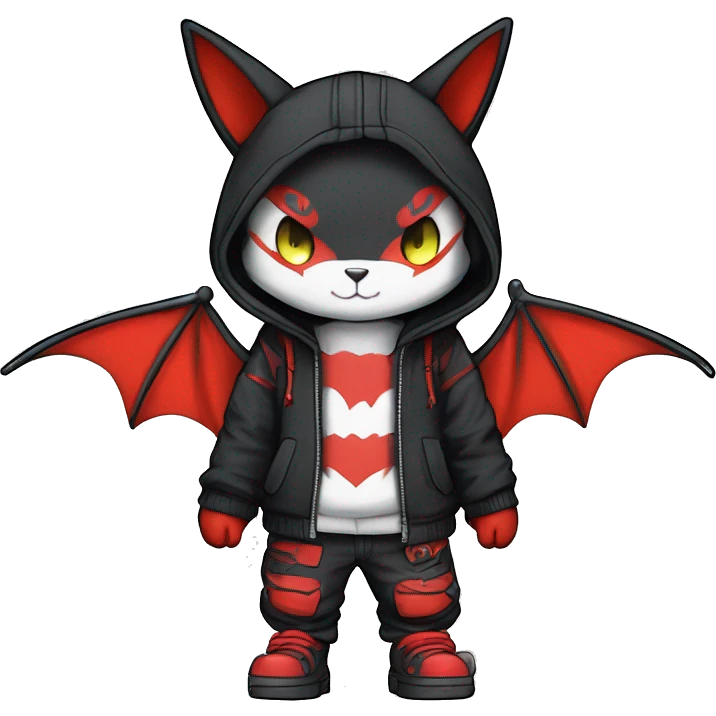 Dark Unique Anthro Cool Kawaii Bat-Winged Zangoose-Litten-Pokémon with edgy stripes Punk Techwear Hoodie Cargo Collar emoji