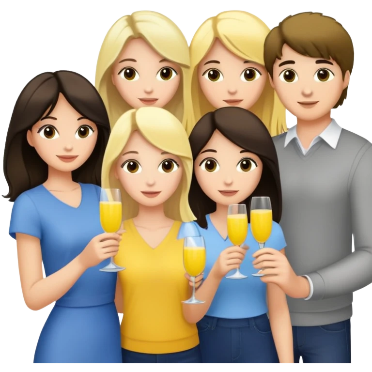 Group of friends 2 brunettes 2 blondes, one brunette guy with mimosa emoji