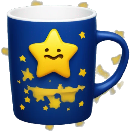 Dark blue Coffee cup with yellow stars and looks printed on it   emoji
