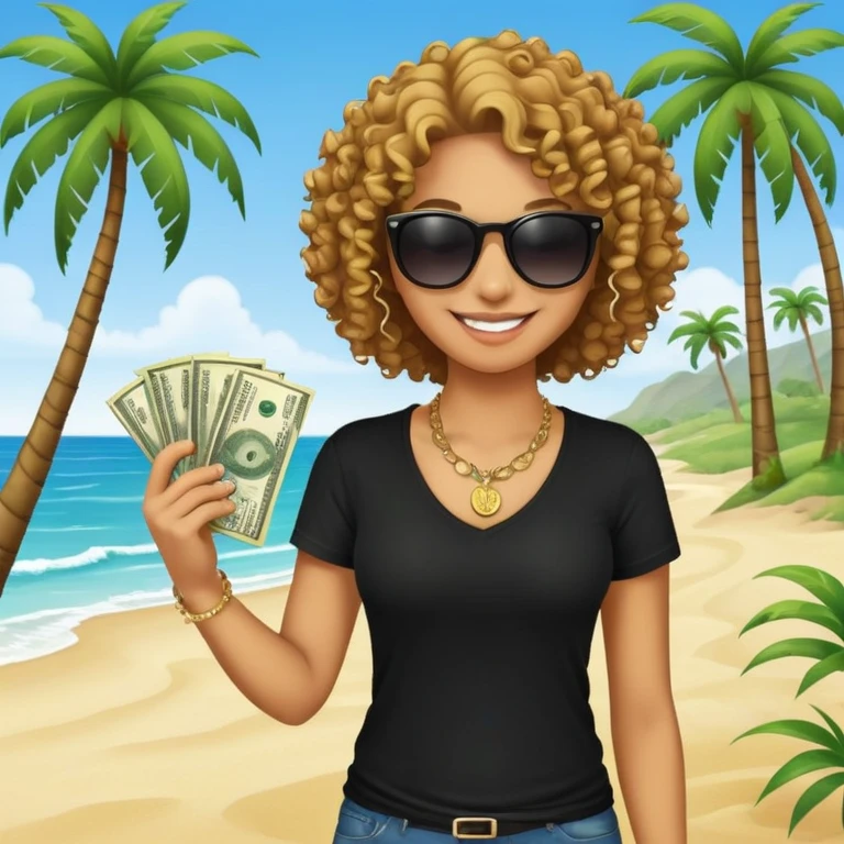 Smiling person with curly hair wearing black t-shirt and necklace, sunglasses, showing dollar bills, beach with palm trees emoji