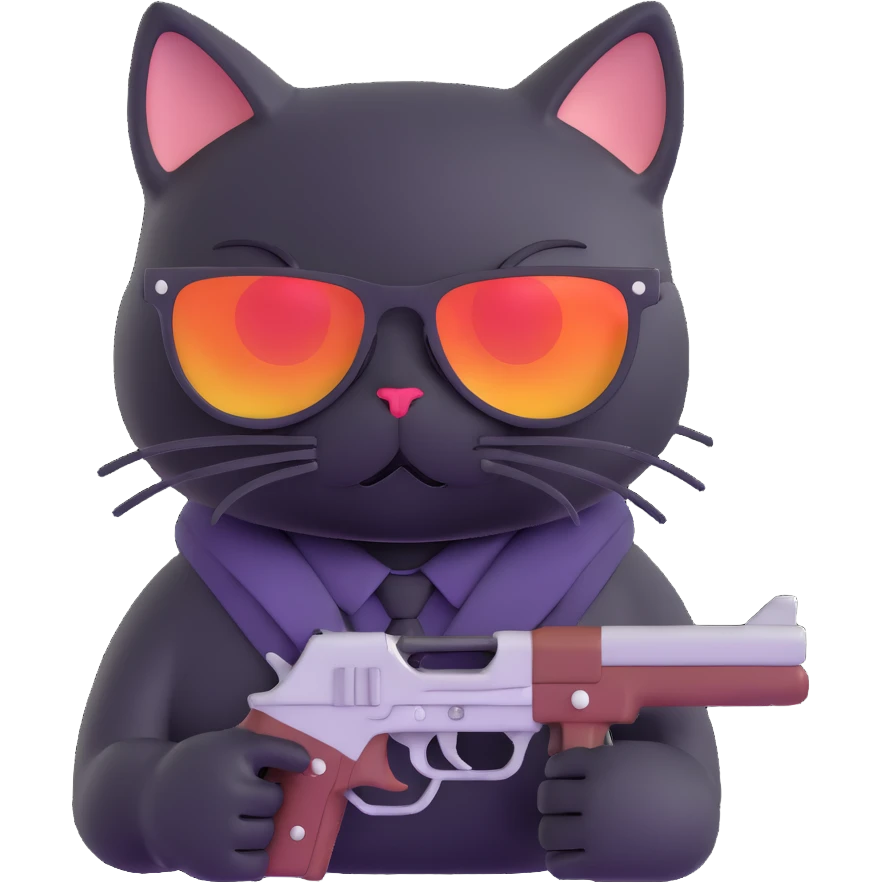 black cat with sunglasses and a gun emoji