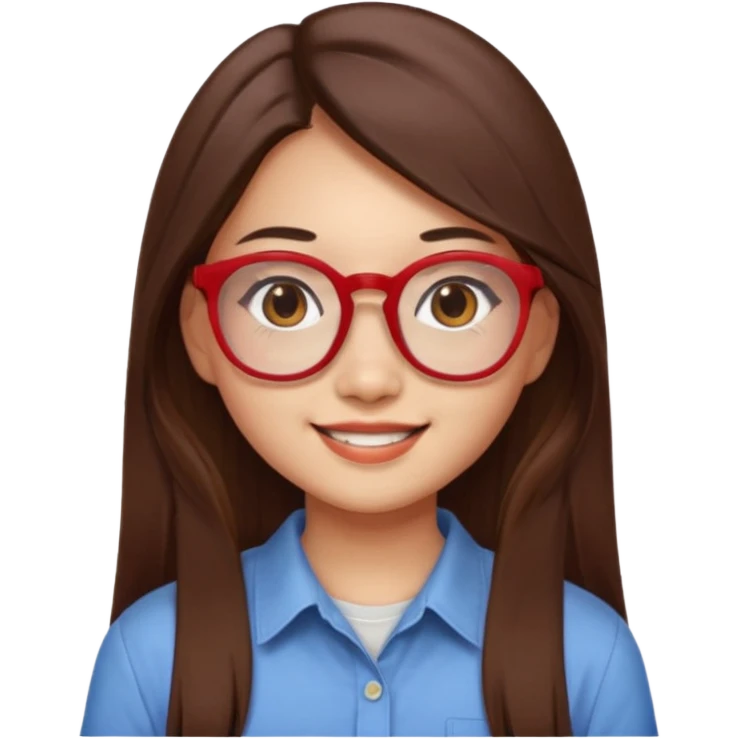 20 yr old asian woman, straight thick long brown hair, middle part, big red glasses, brown eyes, casual shirt emoji